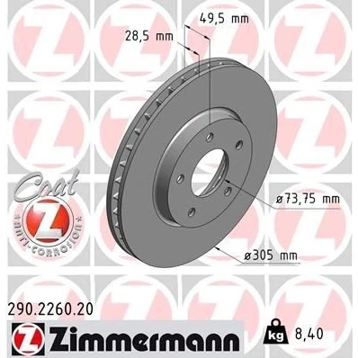 Kuva ZIMMERMANN COAT Z 290.2260.20 Jarrulevyt 305 28 5/5 5 121 tuuletettu sisältä pinnoitettu JAGUAR: XJ Sedan, XK 8 Coupe, Cabriolet