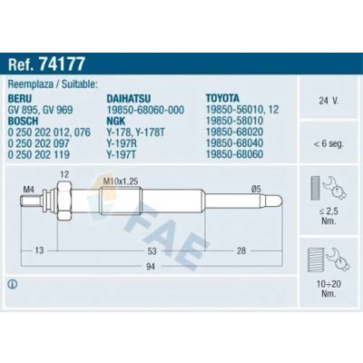 Kuva FAE 74177 Hehkutulppa 24V M 10x1.25 TOYOTA: Land Cruiser 60, 40 SUV