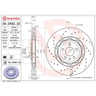 Kuva BREMBO 09.D482.33 Jarrulevyt 370 30 5 rei&#039;itetty/tuuletettu sisältä, kaksiosainen jarrulevy pinnoitettu hiiliteräs AUDI: A6 C8 Avant