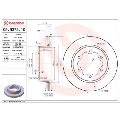 Kuva BREMBO Jarrulevy FORD: Transit Mk7 Van 338mm 33mm 6 tuuletettu sisältä 09.N372.10 Jarrulevyt