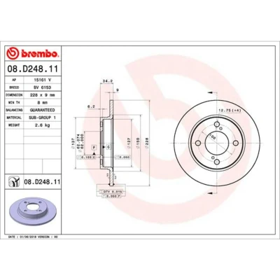 Kuva BREMBO 08.D248.11 Jarrulevyt 228 9 4 täysi pinnoitettu SUZUKI: SWIFT 5