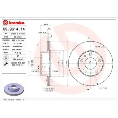 Kuva BREMBO 09.9614.14 Jarrulevyt 280 24 5 tuuletettu sisältä Ruuveilla