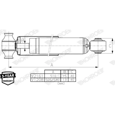 Kuva MONROE V1208 Iskunvaimentimet Kaasupaine Kaksiputki Teleskooppi iskunvaimentaja Silmukka ylhäällä, alhaalla FORD: Transit Custom V362 Bussi