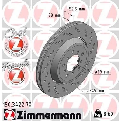 Kuva ZIMMERMANN FORMULA Z COAT 150.3422.70 Jarrulevyt 345 28 10/5 5 120 Tuuletettu, reijitetty, kaksiosainen jarrulevy pinnoitettu Seostettu / hiilletty
