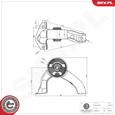 Kuva ESEN SKV 75SKV104 Moottorin Kumityyny Takana Kumimetallilaakeri Alumiini, Kumi 228mm 164mm DODGE: Caliber Hatchback