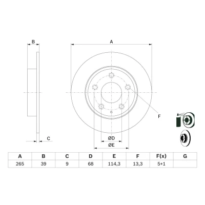 Kuva BOSCH 0 986 479 E54 Jarrulevyt 265 9 5 114,3 täysi pinnoitettu MAZDA: 3 Hatchback, Sedan, CX