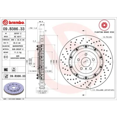Kuva BREMBO 09.B386.33 Jarrulevyt 390 32,6 5 kaksiosainen jarrulevy, rei&#039;itetty/tuuletettu sisältä pinnoitettu hiiliteräs NISSAN: GT R