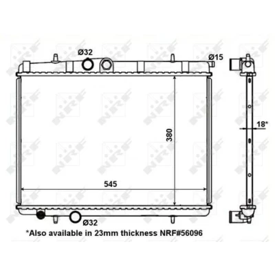 Kuva NRF 56095 Jäähdytin Alumiini 545 380 18 asennusosilla Jäähdytysrivat juotetut PEUGEOT: 206 Hatchback