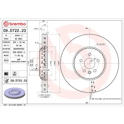 Kuva BREMBO jarrulevy LAND ROVER: Range Rover Velar 350mm 32mm 5 tuuletettu sisältä, kaksiosainen pinnoitettu hiiliteräs 09.D722.23 LR141755