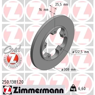 Kuva ZIMMERMANN COAT Z 250.1381.20 Jarrulevyt 308 16 5/5 5 148 täysi pinnoitettu ilman ABS sensorirengasta FORD: Transit V363 Van, Bussi