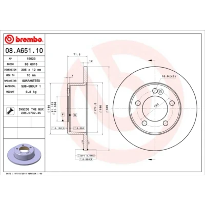 Kuva BREMBO 08.A651.10 Jarrulevyt 305 12 5 täysi Ruuveilla RENAULT: MASTER 3 Kasten, 3, OPEL: Movano B Bussi, Van, NISSAN: NV400 Van