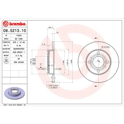 Kuva BREMBO 08.5213.10 Jarrulevyt 245 10 4 täysi AUDI: 80 B4 Sedan, Coupe B3, Avant