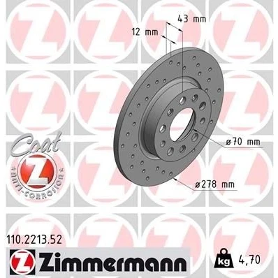 Kuva ZIMMERMANN 110.2213.52 Jarrulevyt 278 12 10/5 5 110 täysi, reijitetty pinnoitettu ALFA ROMEO: Giulietta Hatchback, 159 Sportwagon, Sedan