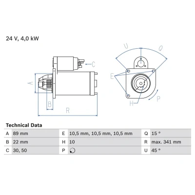 Kuva BOSCH 0 986 010 970 Starttimoottori 24V 4kW 10 50, 30 links 89mm
