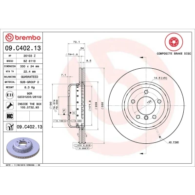 Kuva BREMBO 09.C402.13 Jarrulevyt 330 24 5 tuuletettu sisältä, kaksiosainen jarrulevy pinnoitettu hiiliteräs Ruuveilla BMW: Z4 Roadster