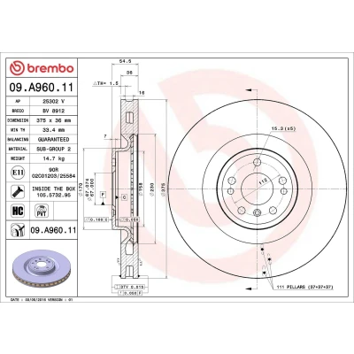 Kuva BREMBO COATED DISC LINE 09.A960.11 Jarrulevyt 375 36 5 tuuletettu sisältä pinnoitettu hiiliteräs Ruuveilla MERCEDES BENZ: ML sarja