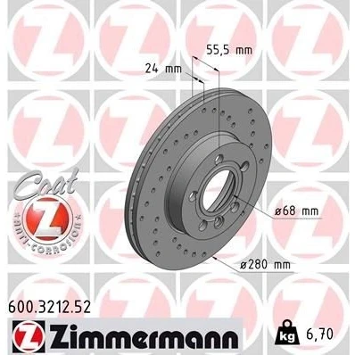 Kuva ZIMMERMANN SPORT COAT Z 600.3212.52 Jarrulevyt 280 24 6/5 5 112 tuuletettu sisältä, reijitetty pinnoitettu VOLKSWAGEN: Transporter 4
