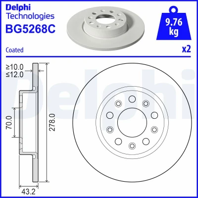 Kuva DELPHI Jarrulevy 278mm 12mm 5 täysi pinnoitettu BG5268C Jarrulevyt