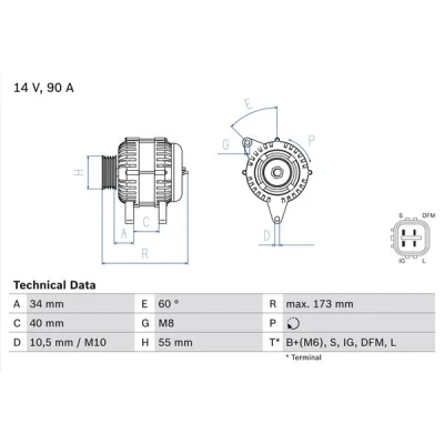 Kuva BOSCH 0 986 046 110 Laturi 14V 90A TOYOTA: Avensis II Station Wagon, Corolla Verso, Auris Hatchback