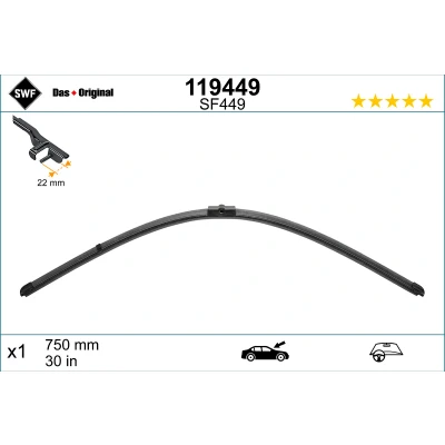 Kuva Pyyhkijänsulka Swf Visioflex 119449 750mm Rungottomat Spoilerilla Ohjaus vasemmalla 30tuumaa AUDI: A2