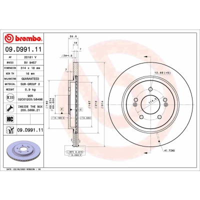 Kuva BREMBO 09.D991.11 Jarrulevyt 314 18 5 tuuletettu sisältä pinnoitettu hiiliteräs Ruuveilla