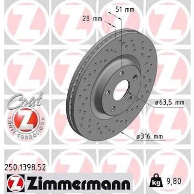 Kuva ZIMMERMANN 250.1398.52 Jarrulevyt 316 28 5/5 5 108 tuuletettu sisältä, reijitetty pinnoitettu FORD: Galaxy Mk3 MPV, S Max Mk2