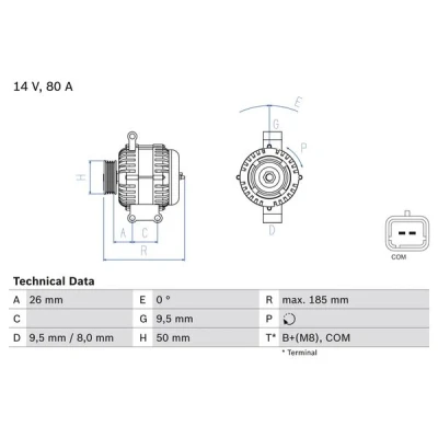 Kuva BOSCH 0 986 082 880 Laturi 14V 80A PEUGEOT: 207 Hatchback, SW, RCZ Coupe, CITROËN: C4 I Berlingo II, DS3 Hatchback
