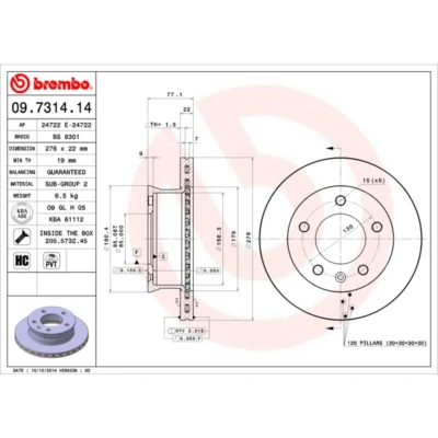 Kuva BREMBO 09.7314.14 Jarrulevyt 276 22 5 tuuletettu sisältä hiiliteräs Ruuveilla VOLKSWAGEN: LT 28 46 2 Kasten, 35 II Bussi