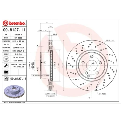 Kuva BREMBO COATED DISC LINE 09.8127.11 Jarrulevyt 312 28 5 rei&#039;itetty/tuuletettu sisältä pinnoitettu hiiliteräs Ruuveilla MERCEDES BENZ: S sarja Sedan