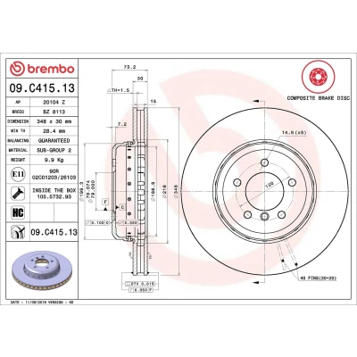 Kuva BREMBO 09.C415.13 Jarrulevyt 348 30 5 kaksiosainen jarrulevy, tuuletettu sisältä pinnoitettu hiiliteräs Ruuveilla BMW: Z4 Roadster