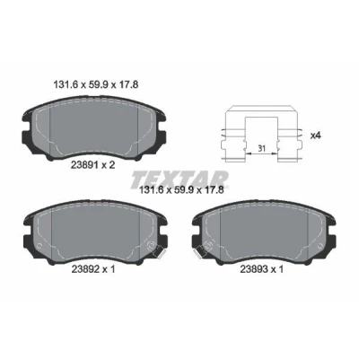 Kuva TEXTAR 2389105 Jarrupalat akustisella kulumavaroittimella HYUNDAI: SONATA V, Tucson, 4, KIA: Sportage II, Magentis I