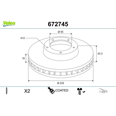 Kuva VALEO Jarrulevy TOYOTA: Yaris I Hatchback Etuakseli 235mm 18mm 4 aukko Tuuletettu pinnoitettu 672745 435120D010,4351252010,4351252020,4351252050