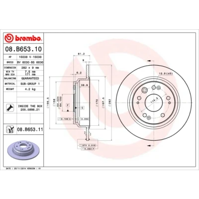 Kuva BREMBO COATED DISC LINE 08.B653.11 Jarrulevyt 282 9 5 täysi pinnoitettu Ruuveilla HONDA: Accord 7 Tourer, Shuttle