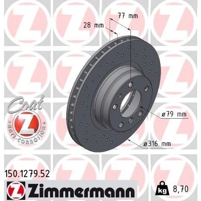 Kuva ZIMMERMANN SPORT COAT Z 150.1279.52 Jarrulevyt 316 28 7/5 5 120 tuuletettu sisältä, reijitetty pinnoitettu hiiliteräs BMW: 7