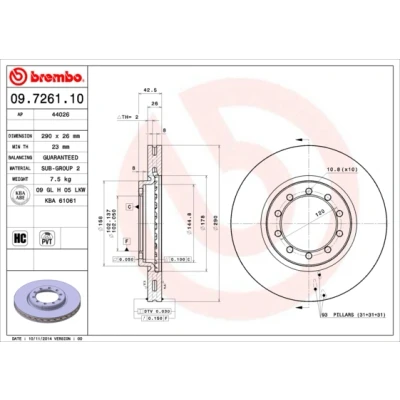 Kuva BREMBO 09.7261.10 Jarrulevyt 290 26 10 tuuletettu sisältä hiiliteräs RENAULT TRUCKS: Mascott Flatbed Kuorma auto / Alusta