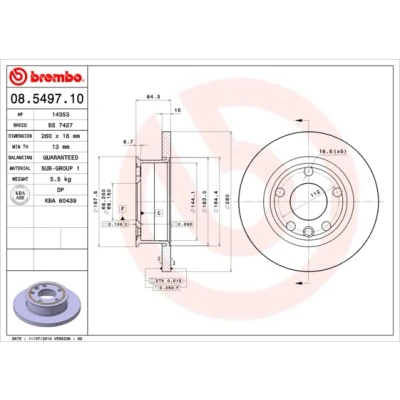 Kuva BREMBO 08.5497.10 Jarrulevyt 260 16 5 täysi VOLKSWAGEN: TRANSPORTER 4, 4 Bus
