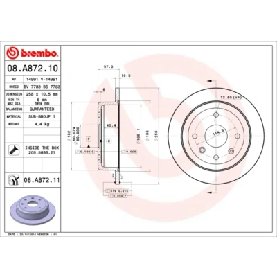 Kuva BREMBO COATED DISC LINE 08.A872.11 Jarrulevyt 258 10,5 4 täysi pinnoitettu Ruuveilla DAEWOO: Nubira Sedan, Lacetti Hatchback, Farmari