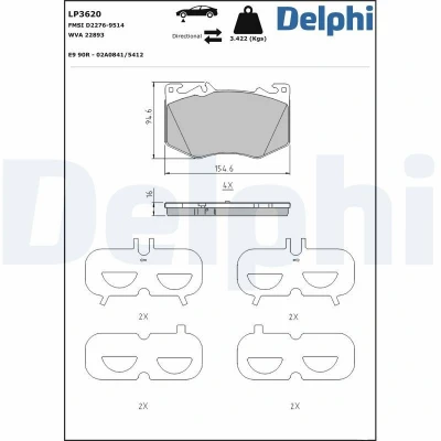 Kuva DELPHI LP3620 Jarrupalat Kulumisenilmaisemelle Huudonvaimennuspellillä Tarvikkeilla MERCEDES BENZ: A sarja