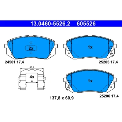 Kuva ATE 13.0460 5526.2 Jarrupalat akustisella kulumavaroittimella Tarvikkeilla KIA: Sportage IV, HYUNDAI: Tucson, Kona SUV, Van / SUV