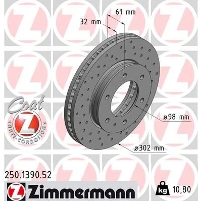 Kuva ZIMMERMANN SPORT COAT Z 250.1390.52 Jarrulevyt 302 32 7/6 6 140 tuuletettu sisältä, reijitetty pinnoitettu FORD: Ranger Mk3, MAZDA: BT 50 Pick up