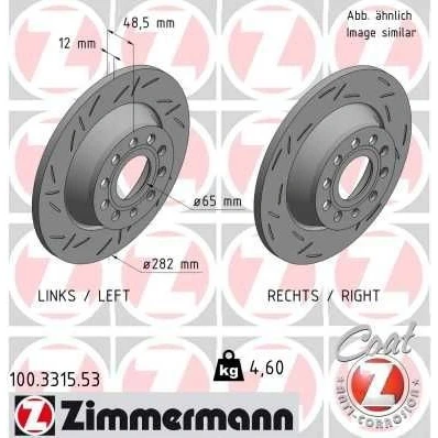 Kuva ZIMMERMANN 100.3315.53 Jarrulevyt 282 12 10/5 5 112 täysi, lovella pinnoitettu VOLKSWAGEN: Tiguan I, Passat B8 Variant, B6 Variant