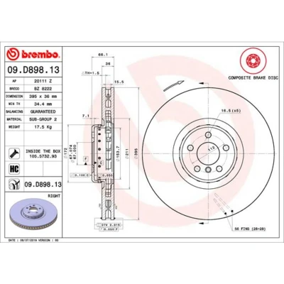 Kuva BREMBO 09.D898.13 Jarrulevyt 395 36 5 kaksiosainen jarrulevy, tuuletettu sisältä pinnoitettu hiiliteräs Ruuveilla BMW: 7, X7