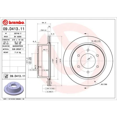 Kuva BREMBO Jarrulevy 18mm 6 tuuletettu sisältä pinnoitettu 09.D413.11 380211320,4615A097,4615A242 Jarrulevyt