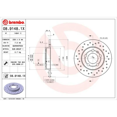Kuva BREMBO XTRA LINE 08.9148.1X Jarrulevyt 239 9 5 täysi, reijitetty pinnoitettu Ruuveilla VOLKSWAGEN: Golf 4 Variant, 4, Bora Sedan, AUDI: TT Coupe