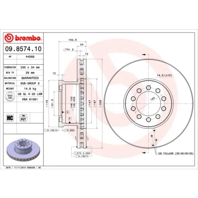 Kuva BREMBO 09.8574.10 Jarrulevyt 335 34 10 tuuletettu sisältä hiiliteräs