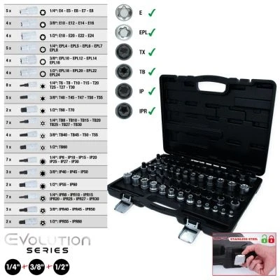Kuva KS TOOLS 911.0077 Hylsyavainsarja Torx Kromi vanadium teräs ilman räikkätoimintoa neliönmuotoinen (square)