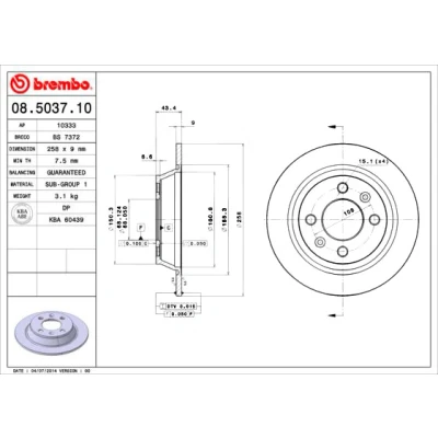 Kuva BREMBO 08.5037.10 Jarrulevyt 258 9 4 täysi SAAB: 900 I Sedan, Cabriolet, 9000 Hatchback