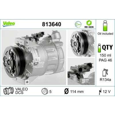 Kuva VALEO 813640 Ilmastoinnin Kompressori DCS 12 PAG 46 R 134a kompressoriöljyllä REMANUFACTURED VOLVO: V70 3, S80 II, 2, FORD: MONDEO 4 Turnier