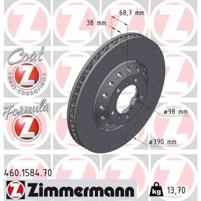Kuva ZIMMERMANN 460.1584.70 Jarrulevyt 390 38 7/5 5 130 Tuuletettu, reijitetty, kaksiosainen jarrulevy pinnoitettu Seostettu / hiilletty