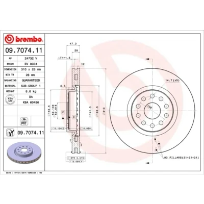 Kuva BREMBO COATED DISC LINE 09.7074.11 Jarrulevyt 310 28 5 tuuletettu sisältä pinnoitettu ALFA ROMEO: 166